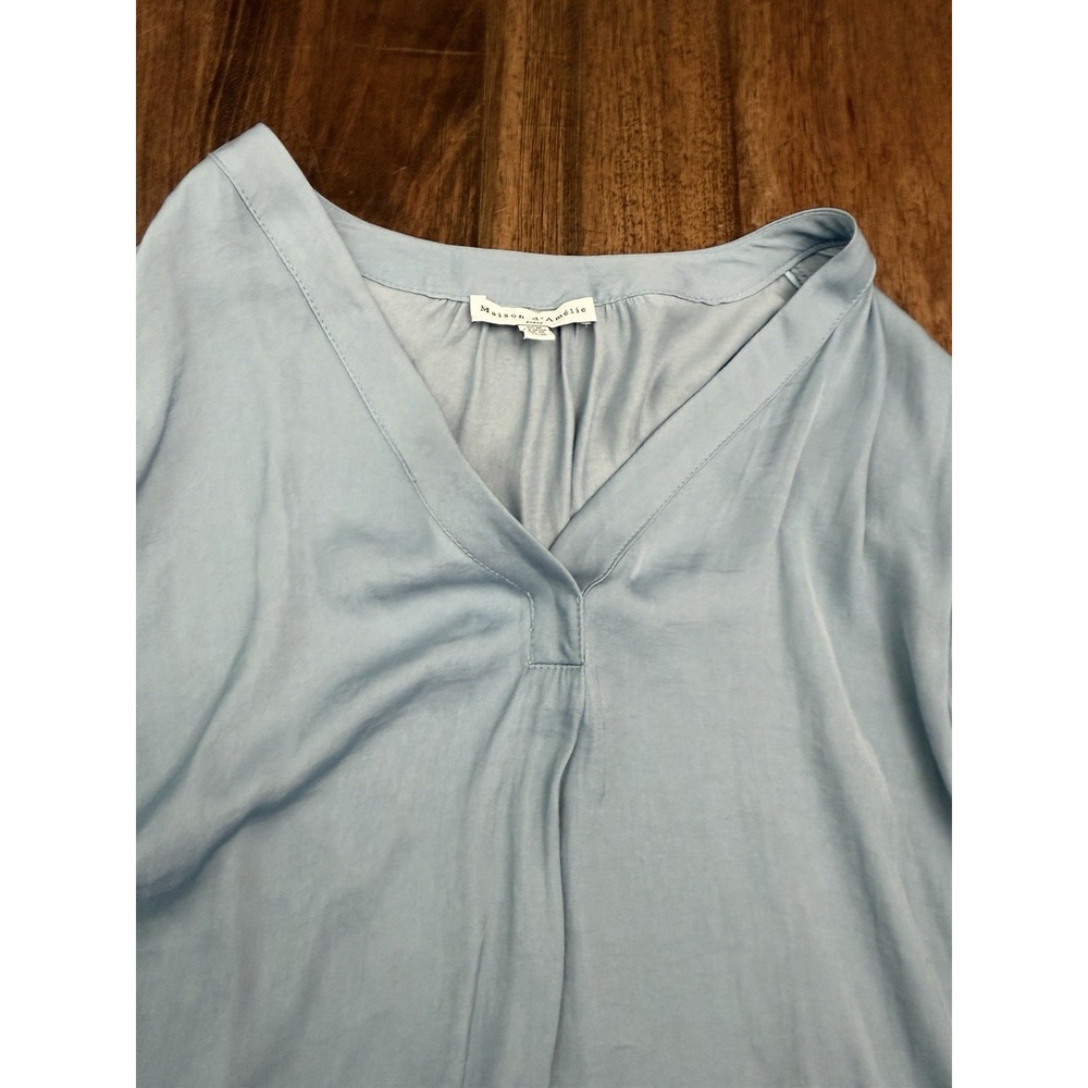 Maison D'Amelie Long Sleeve Womens Top Blouse Medium Blue Solid V Neck Tunic - Picture 3 of 6